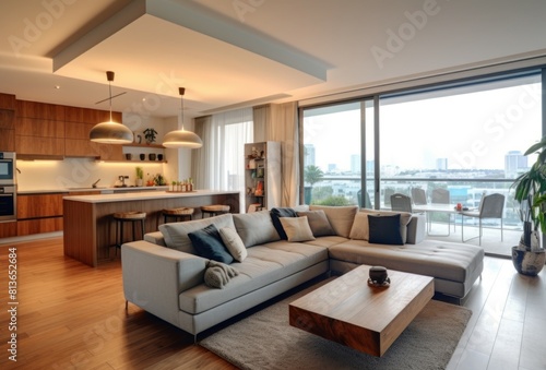 Elegant interior design of a spacious living room with a stunning city skyline backdrop