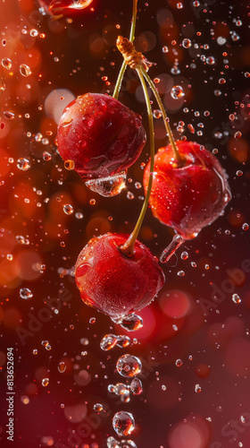Cherries in water splash with vibrant backdrop.