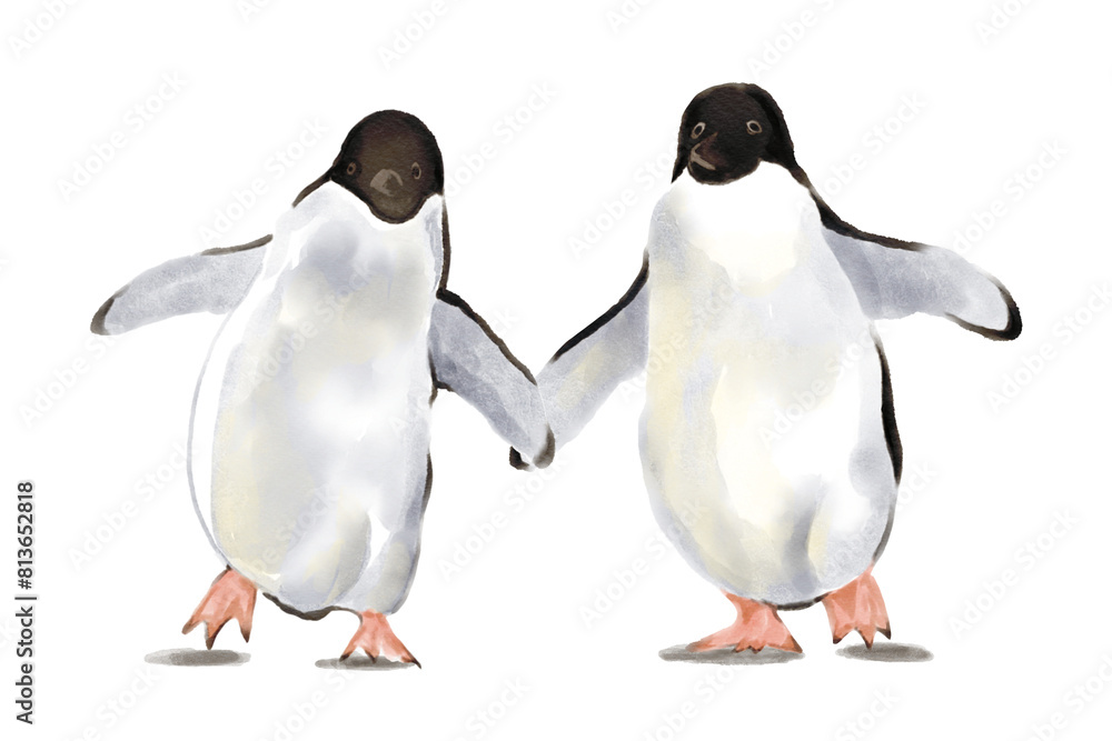 Naklejka premium penguin love ice Penguin Family in Antarctica Snowscape two penguins hand drawn illustration on transparent background