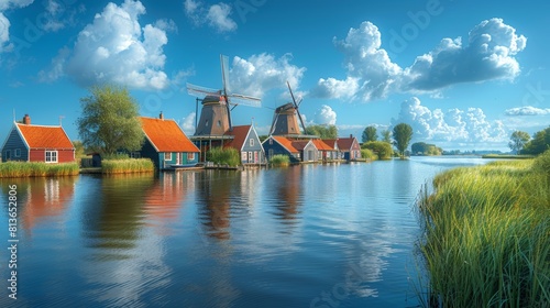 Scenic View of Traditional Dutch Windmills and Houses by the River in Zaandam, Netherlands