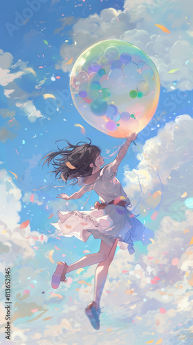 A beautiful girl running in the air, holding a big round balloon, clear background, in the style of 80's anime.