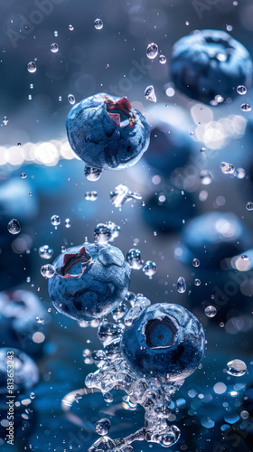 Blueberries floating in magical water droplets.