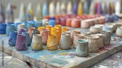 Colorful paint pots on a wooden table. © Sodapeaw
