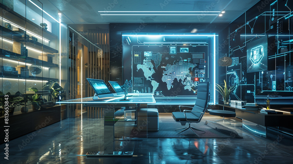 Futuristic home office with transparent touch screens, minimalist furniture, and dynamic LED lighting.