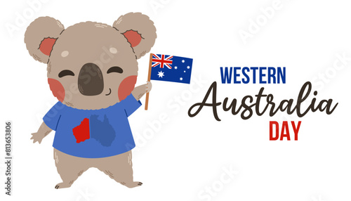 Western Australia Day banner. Koala with Australia flag vector. Western Australia Poster, first Monday in June. © spirka.art