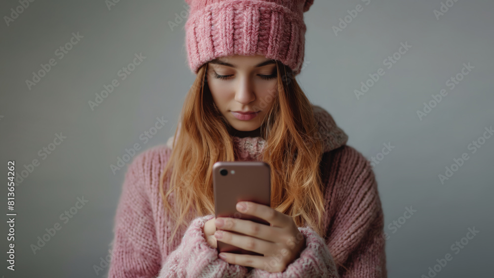 Young woman in pink winter clothing texting on smartphone Young woman in pink winter clothing texting on smartphone