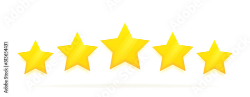 Five star in 3d style with glowing effect. Customer reviews rating about the product. Concept of feedback from the client to seller. Vector illustration