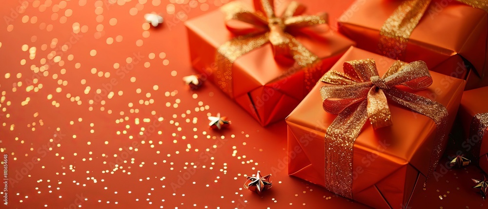 Sunset orange gifts, tied with gold ribbons, on an orange background, sprinkled with golden stars Sunset orange gifts, tied with gold ribbons, on an orange background, sprinkled with golden stars