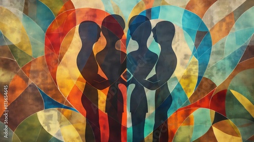 Embrace of unity: cubist heart leaf - vintage style poster