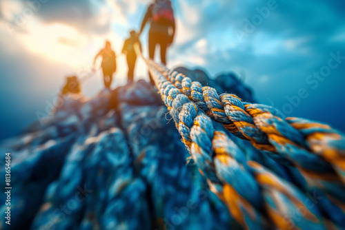 Mountain hikers on a secure rope bridge at sunset