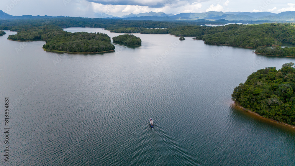Fototapeta premium Aerial view of Bukit Batu at Lake Riam Kanan, Banjarbaru, South Kalimantan