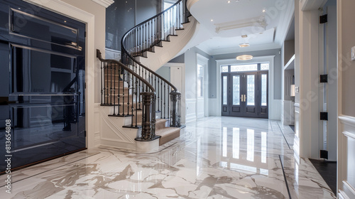 Grand entrance hall with a sweeping staircase  a high gloss navy blue door  and elegant marble floors.
