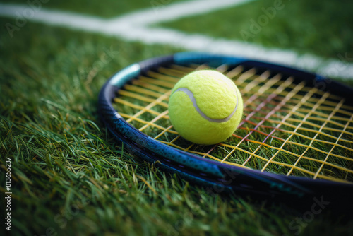 Fluorescent tennis ball lies on racket net on court. Grassy court surface for comfortable tennis experience with professional sports gear © Bonsales