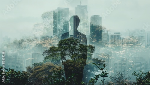 Urban nature fusion: double exposure cityscape and greenscape abstract photo