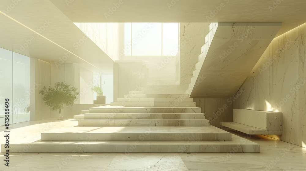 The photo shows a modern, minimalist staircase with a large window at the top. The staircase is made of white marble and has a light, airy feel.