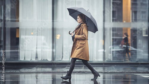 Stylish woman in trench coat and boots walks under umbrella, reflective rainy city street. Confident stride, elegant fashion in urban setting photo