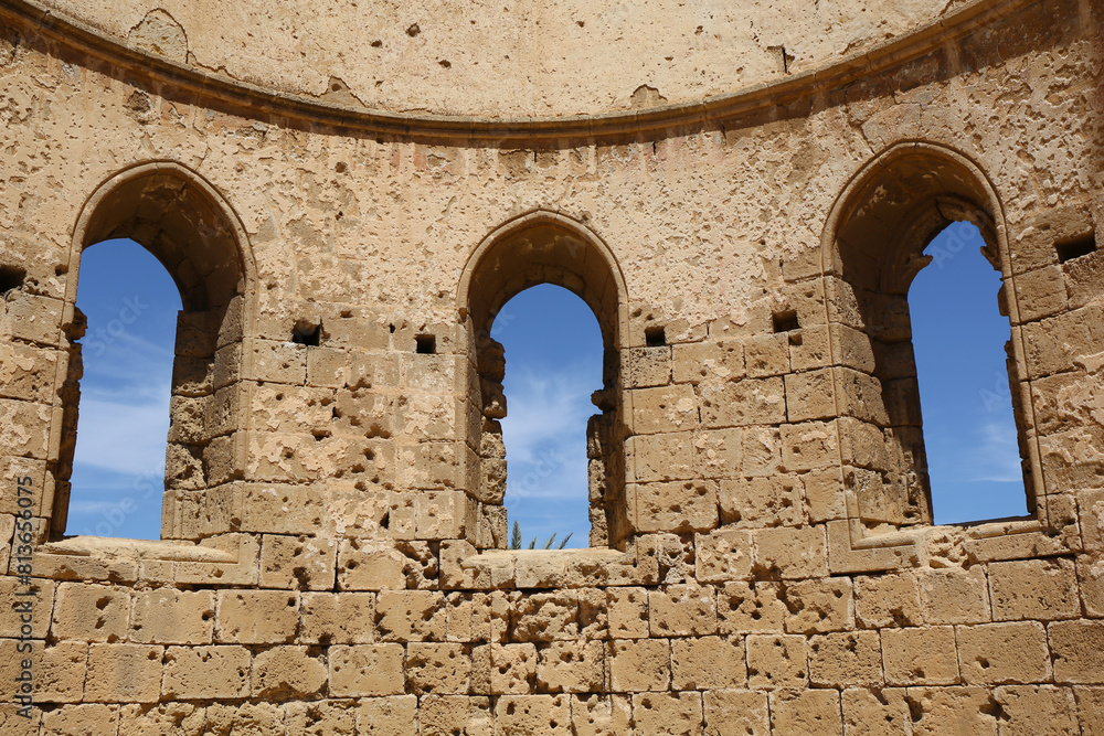 Ruins of Old Greek Orthodox Church with Windows and Blue Sky Background in Famagusta, Northern Cyprus