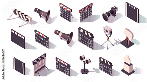 Collection of isometric film production equipment icons including clapperboards, cameras and lighting