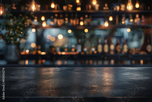 A bar with a counter and a vase of flowers on it