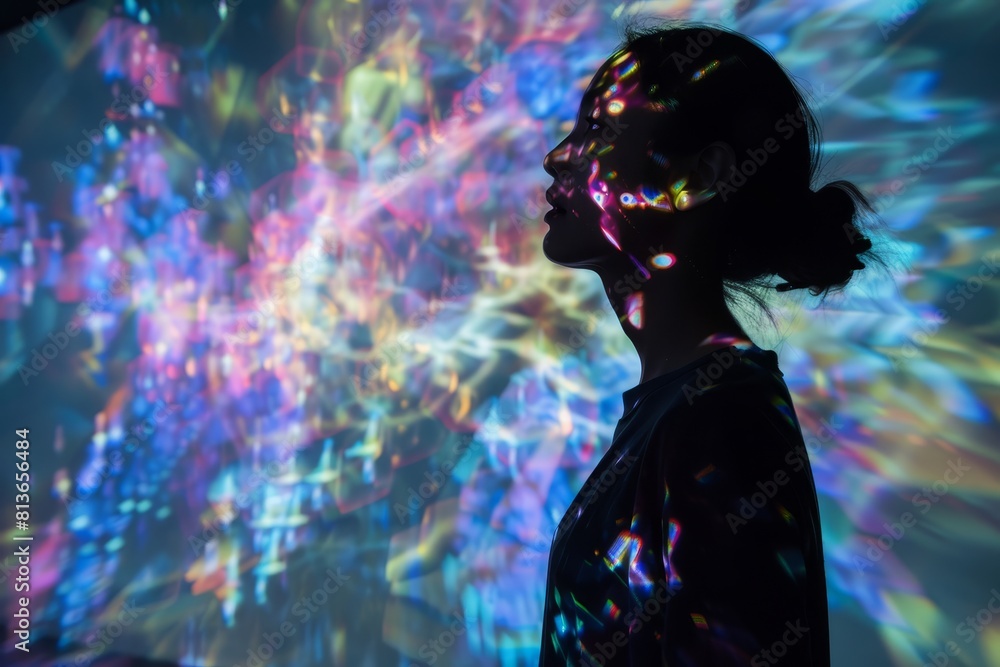 Surreal Digital Dreamscape: A Close-Up of a Human Face Adorned in Glowing Pixels Surreal Digital Dreamscape: A Close-Up of a Human Face Adorned in Glowing Pixels