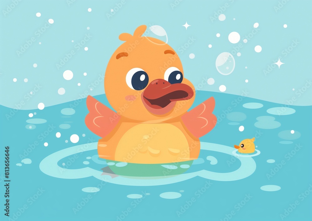 Cheerful Cartoon Duckling Swimming with Tiny Duck in Blue Water Illustration Cheerful Cartoon Duckling Swimming with Tiny Duck in Blue Water Illustration