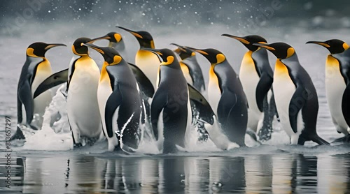 King Penguins Emerging from the Icy Waters in a Serene Display photo