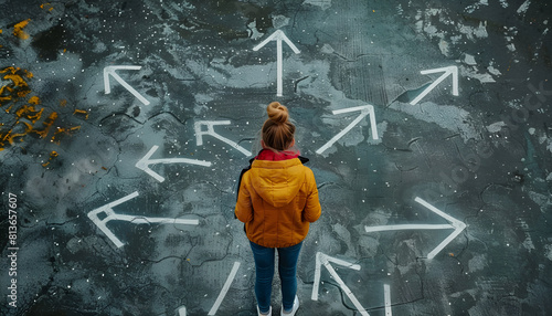 Choosing future profession. Girl standing in front of drawn signs on asphalt, top view. Arrows pointing in different directions as diversity of opportunities