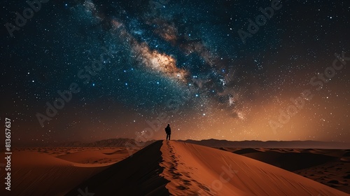 The image is a beautiful landscape of a desert at night. The sky is full of stars and the sand dunes are lit by the moonlight. photo