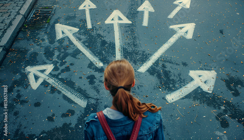 Choosing future profession. Girl standing in front of drawn signs on asphalt, top view. Arrows pointing in different directions as diversity of opportunities