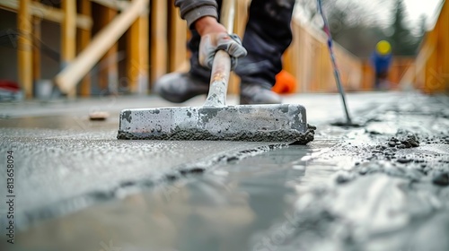 Concrete being smoothed by a trowel at a construction site, front view, capturing finishing touches, advanced tone, colored pastel © kanyawee