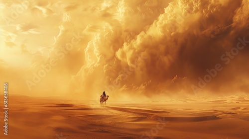 The image shows a lonely camel rider in the middle of a vast desert. The sky is filled with a huge sandstorm that is approaching the rider.