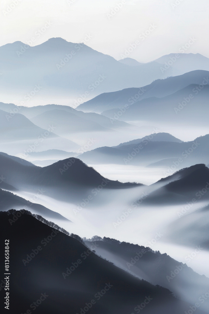 A tranquil view of the layers of mountain ridges disappearing into misty clouds, with their soft outlines and muted colors.