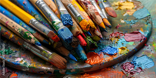 A palette with paint brushes and a paintbrush Closeup of an artist's paintbrushes and palette.