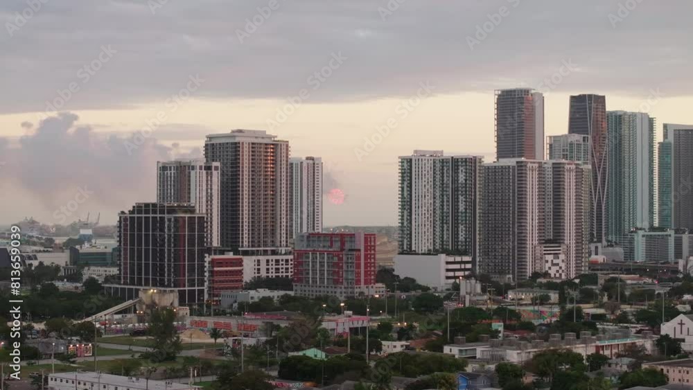 Aerial drone view of the city of Miami i95 skyline at sunset with clouds in the sky. Concept of travel in Miami Florida.High quality 4k footage Aerial drone view of the city of Miami i95 skyline at sunset with clouds in the sky. Concept of travel in Miami Florida.High quality 4k footage