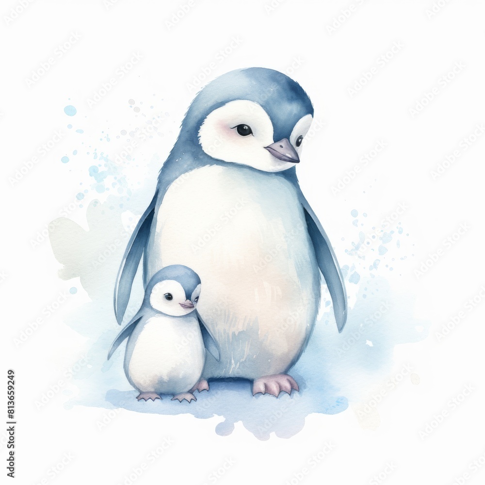 A heartwarming scene of a penguin mother and its chick standing close together, depicted in soft watercolor illustration, illustrating mother love A heartwarming scene of a penguin mother and its chick standing close together, depicted in soft watercolor illustration, illustrating mother love