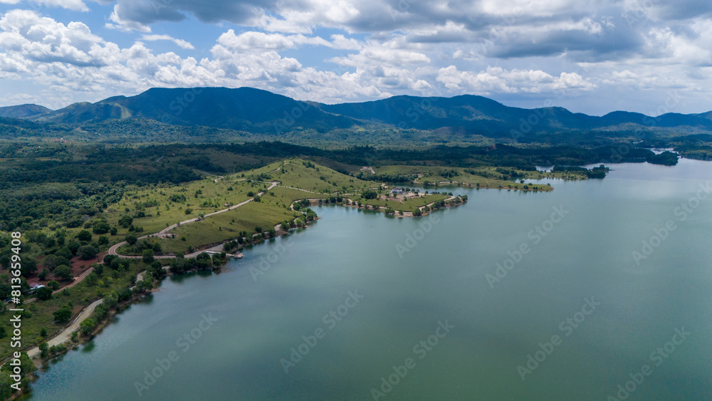 Fototapeta premium Aerial view of Bukit Batu at Lake Riam Kanan, Banjarbaru, South Kalimantan