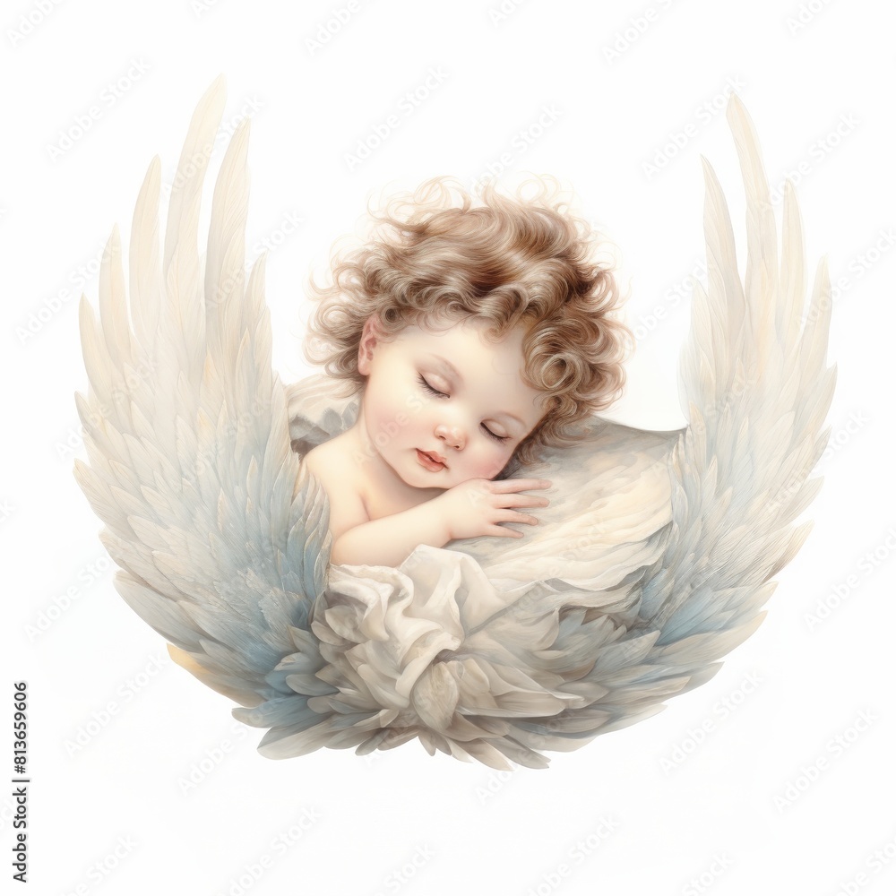 A dreaming baby cherub rests on a soft feather, surrounded by an ethereal glow, depicted in a detailed vintage watercolor style A dreaming baby cherub rests on a soft feather, surrounded by an ethereal glow, depicted in a detailed vintage watercolor style