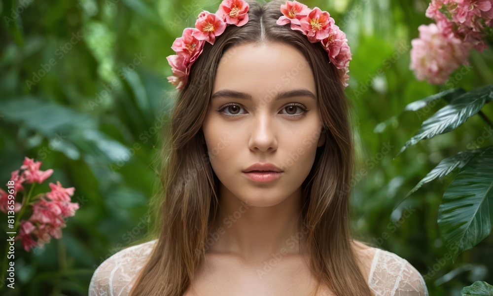 Portrait of a beautiful girl with a wreath of flowers on her head against the bokeh background of a tropical forest or jungle. Generative AI Portrait of a beautiful girl with a wreath of flowers on her head against the bokeh background of a tropical forest or jungle. Generative AI