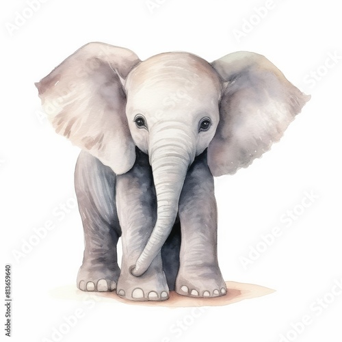 Soft watercolor illustration of a baby elephant  capturing its innocent gaze and large  gentle ears.