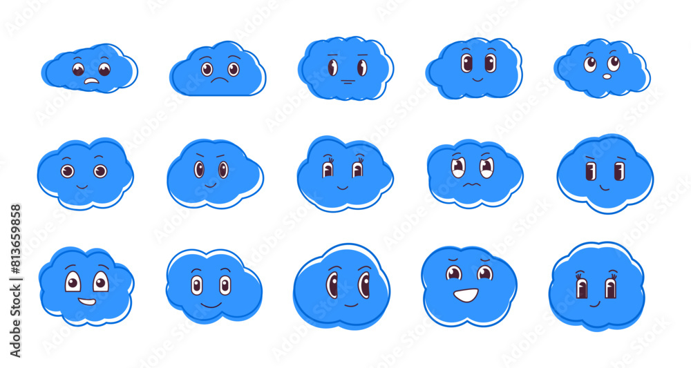 Fototapeta premium Clouds cartoon character set. Weather forecast and meteorology mascot, children vector illustration 