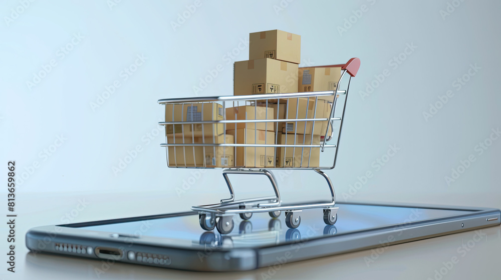 Shopping cart full of boxes on mobile phone screen Shopping cart full of boxes on mobile phone screen