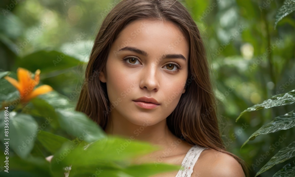 Portrait of a beautiful pretty model girl against the bokeh background of a tropical forest or jungle. Generative AI Portrait of a beautiful pretty model girl against the bokeh background of a tropical forest or jungle. Generative AI