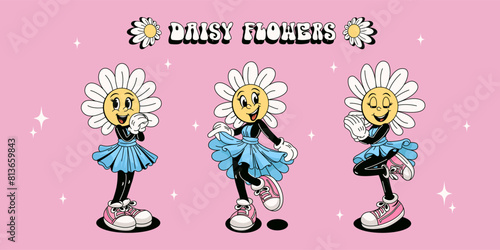 Groovy daisy flower set. Comic mascot of daisies with happy smile face, hands and feet, in different poses with a flowing skirt in the wind. Trendy summer vector illustration.