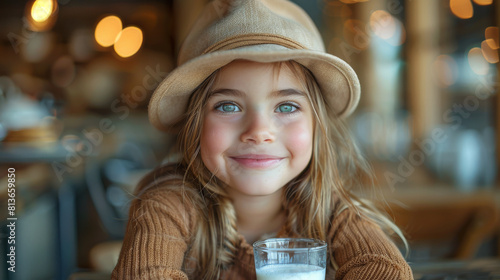 Smiling young girl in a brown sweater and tan hat, holding a glass of milk, with warm bokeh lights in the background. 