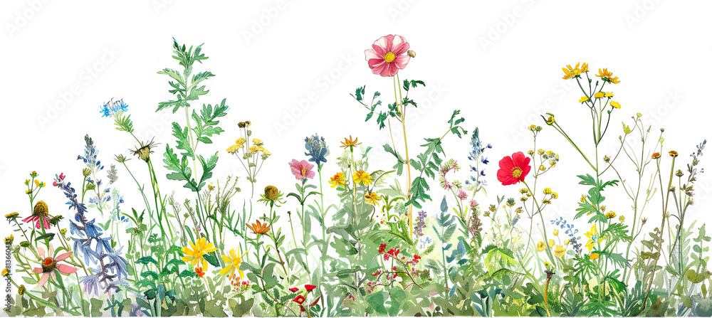 Summer garden border painting, isolated on white background