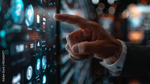 Close up of businessman finger point to full frame game apps hud design