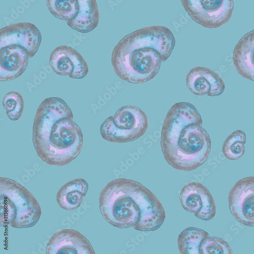 Nana donovani sea ocean shell seamless pattern watercolor illustration isolated on blue background base for printing on textile tableware postcards. photo