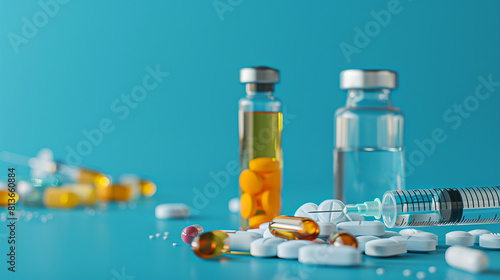  two glass vials, a syringe, and many pills on a blue table