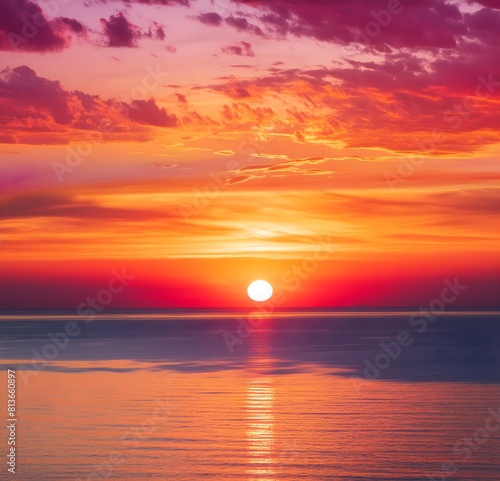 A landscape  showing the red disk of the sun reflecting on the surface of the Pacific Ocean.