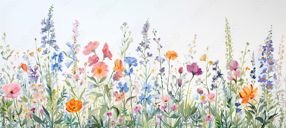 Summer garden border painting, isolated on white background Summer garden border painting, isolated on white background